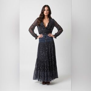 Poupette St Barth Sheer Print Two-Piece Set: Flowy Blouse & Maxi Skirt Boho NWOT